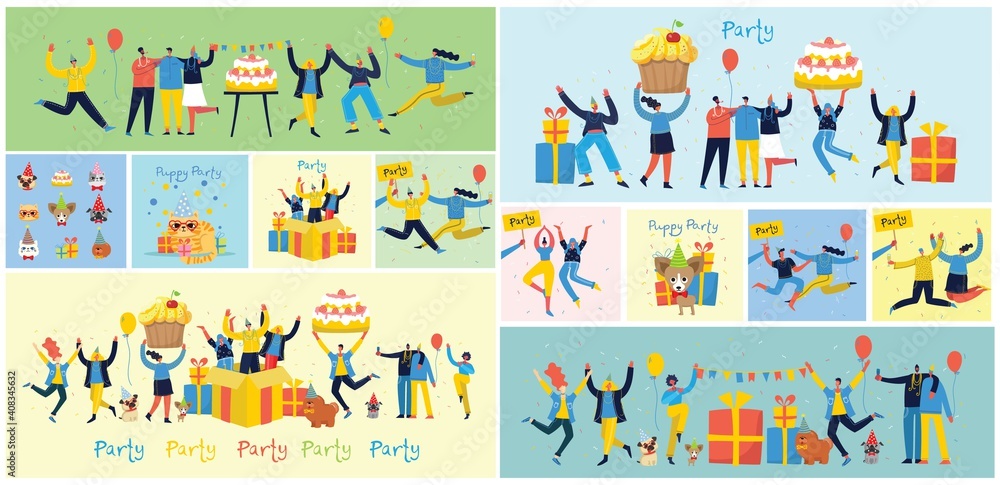 Party background. Happy group of people jumping on a bright background. The concept of friendship, healthy lifestyle, success. Vector illustration Party background. Happy group of people jumping on a bright background. The concept of friendship, healthy lifestyle, success. Vector illustration