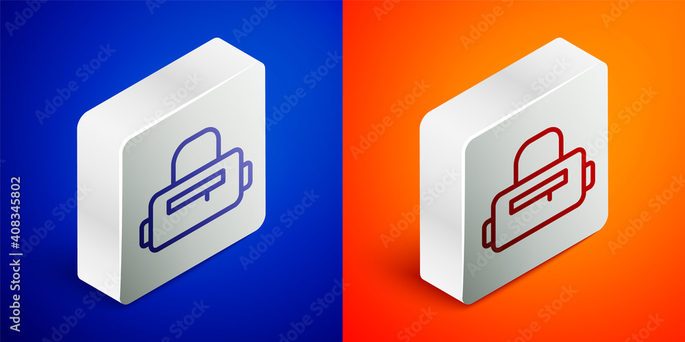 Isometric line Sport bag icon isolated on blue and orange background. Silver square button. Vector. Isometric line Sport bag icon isolated on blue and orange background. Silver square button. Vector.