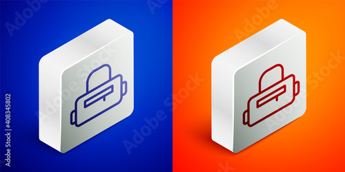 Isometric line Sport bag icon isolated on blue and orange background. Silver square button. Vector.
