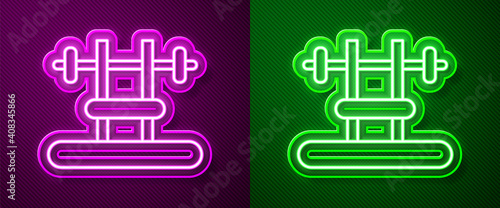 Glowing neon line Bench with barbel icon isolated on purple and green background. Gym equipment. Bodybuilding, powerlifting, fitness concept. Vector.