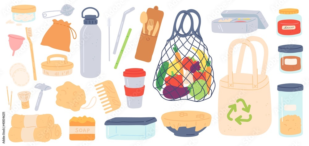 Zero waste. Reusable, plastic free and eco friendly products bags, bamboo straw, containers and wooden cutlery. Reduce garbage vector set. Eco reusable and recycle waste illustration Zero waste. Reusable, plastic free and eco friendly products bags, bamboo straw, containers and wooden cutlery. Reduce garbage vector set. Eco reusable and recycle waste illustration