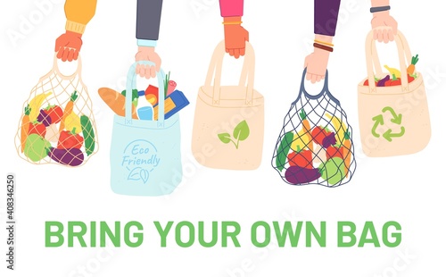 Hands hold eco bags. People bring own bag for grocery. Reusable plastic free pack with food. Zero waste products for shopping vector concept. Eco bag shopper, organic green ecological illustration