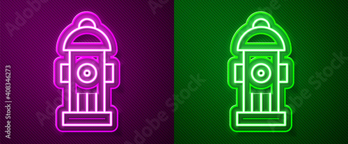 Glowing neon line Fire hydrant icon isolated on purple and green background. Vector.