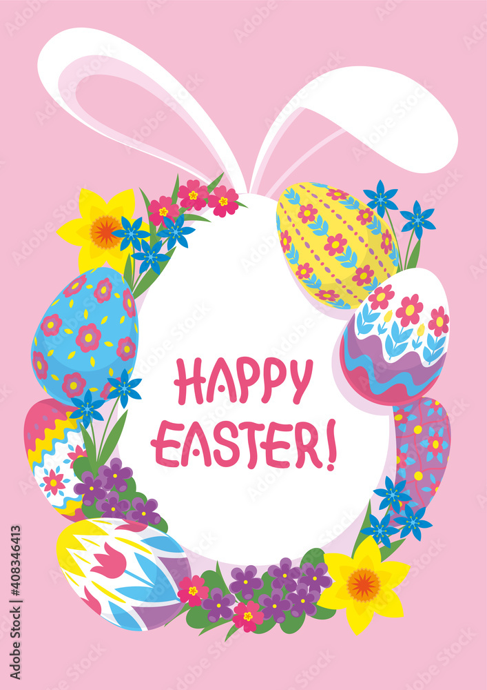 Easter poster with painted eggs, spring flowers and bunny ears. Vector illustration, postcard, flyer
