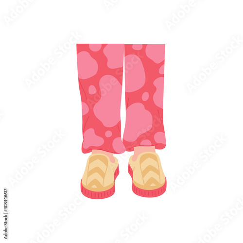 Women legs in pajama and home slippers flat vector illustration isolated.