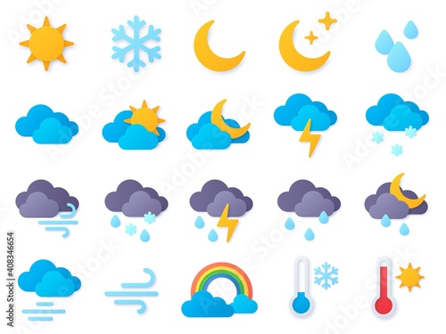 Paper cut weather icons. Symbols of rain, rainbow, sun, hot and cold temperature, winter snow and cloud. Meteo forecast pictogram vector set. Rain weather, paper craft meteorology icons illustration