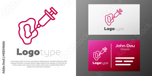 Logotype line GMO syringe icon isolated on white background. Genetically modified organism acronym. Dna food modification. Logo design template element. Vector.