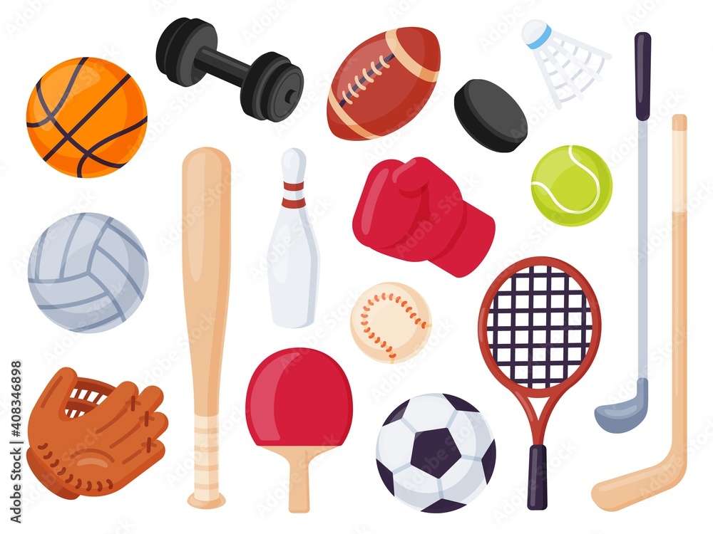 Sport equipment. Cartoon balls and gaming item for hockey, rugby, baseball tennis racket. Bowling, boxing and golf flat icons vector set. Illustration recreation ball for soccer and Stock Vector