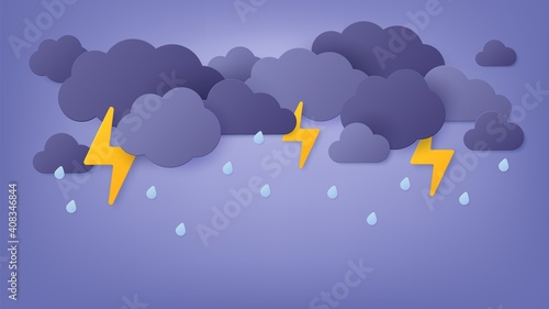 Paper cut rain. Rainy sky with cloud and thunderstorm. Origami spring storm with lightning and thunder. Monsoon weather landscape vector art. Illustration lightning origami thunder