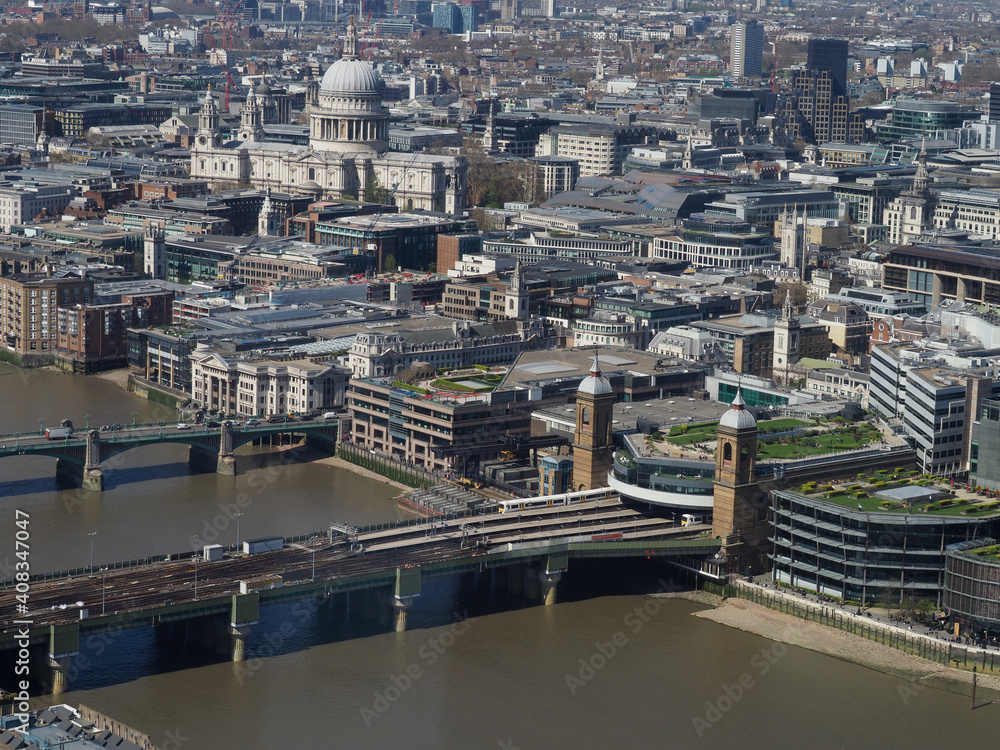 aerial view of St.Paul's cathedral in London with river Thames and Cannon Street railway station 