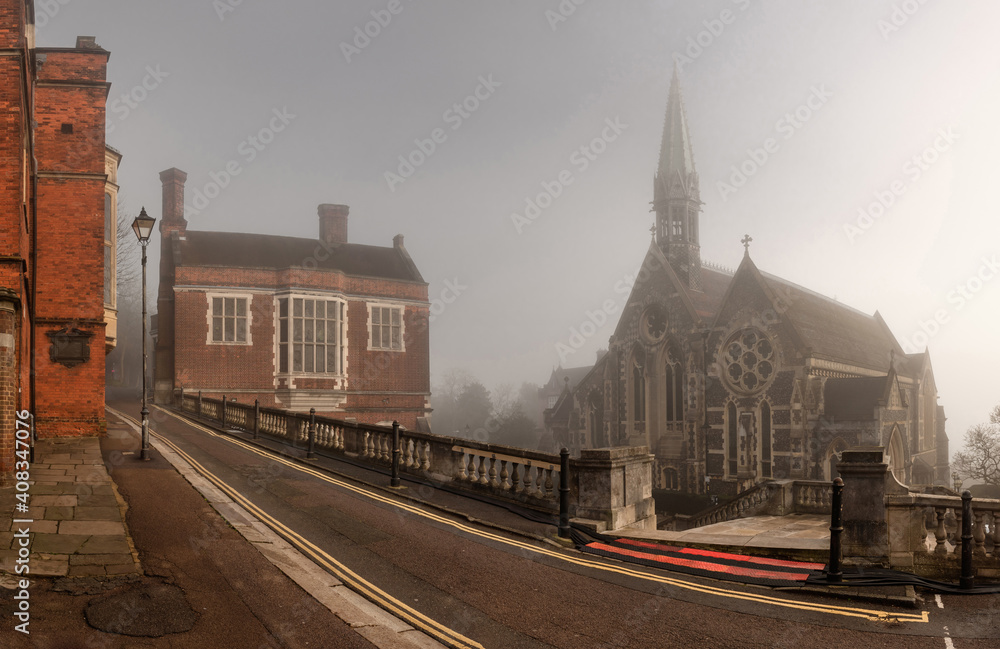 Harrow on the Hill in a foggy wintery morning, England 