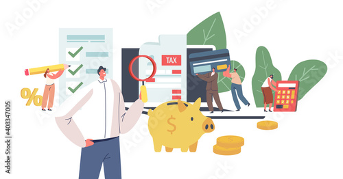 Characters Make Online Tax Payment Concept. Tiny Young Woman Filling Huge Application for Tax Form. Online Taxation