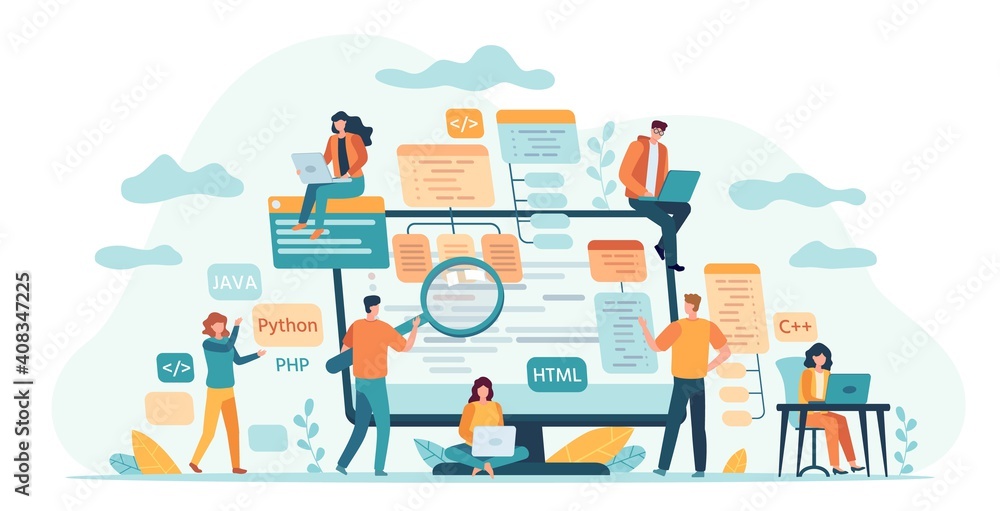 Program development team. Web or software developers, programmer and coding engineer work in group. IT-specialists write code vector concept. Illustration programming development team Program development team. Web or software developers, programmer and coding engineer work in group. IT-specialists write code vector concept. Illustration programming development team