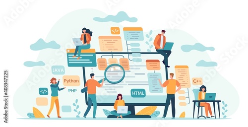 Program development team. Web or software developers, programmer and coding engineer work in group. IT-specialists write code vector concept. Illustration programming development team