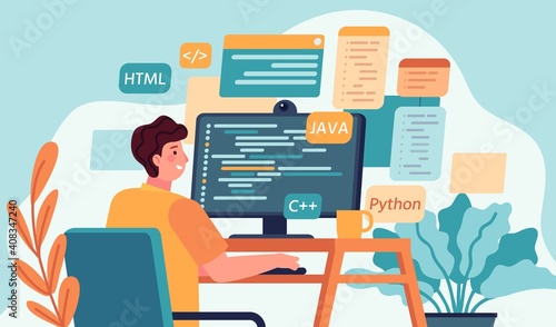 Programmer working. Program or web developer coding on computer. Screen with code, script and open windows. Coder engineer vector concept. Illustration development programmer, programming and coding