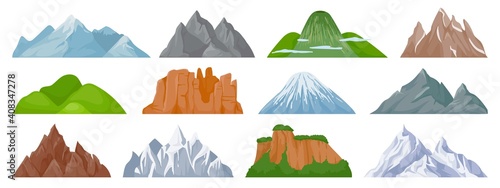 Cartoon mountains. Snowy mountain peak, hill, iceberg, rocky mount climbing cliff. Landscape and tourist hiking map elements vector set. Hill landscape, mountain peak outdoor to hiking illustration