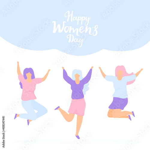 International Women's Day. Sisterhood. Group of young joyful girls jumping with raised hands.
