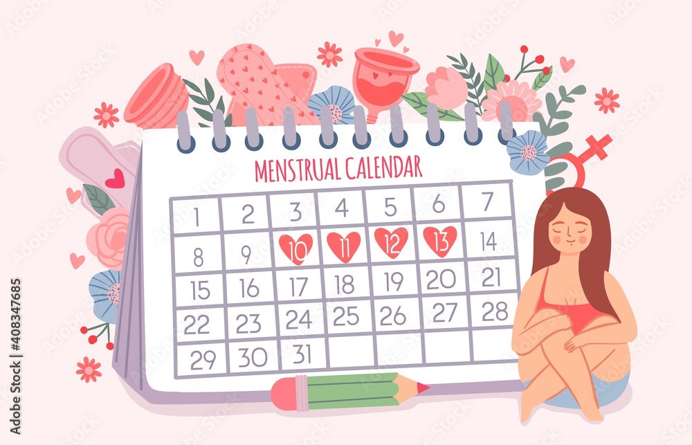 Woman and period calendar. Female check dates of menstruation cycle