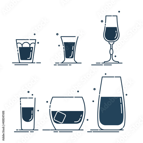 Glassware vodka whiskey rum tequila liquor water line art in flat style. Restaurant alcoholic illustration for celebration design. Beverage outline icon. Isolated on white background in graphic style
