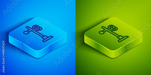 Isometric line Train traffic light icon isolated on blue and green background. Traffic lights for the railway to regulate the movement of trains. Square button. Vector.