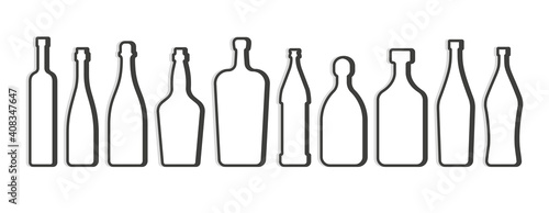 Vodka red wine champagne whiskey liquor rum martini vermouth beer tequila bottle. Simple linear shape. Isolated object. Symbol in thin lines. Dark outline. Flat illustration on white background
