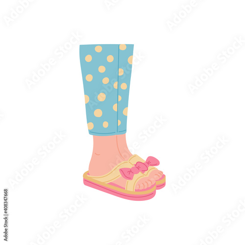 Female legs in house slippers or flip flops flat vector illustration isolated.