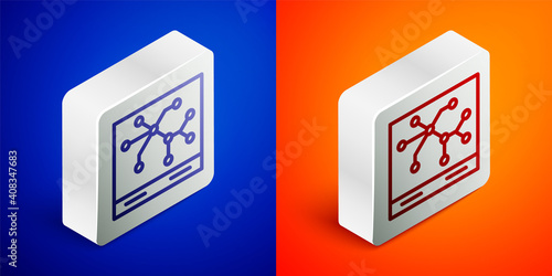 Isometric line Railway map icon isolated on blue and orange background. Silver square button. Vector.