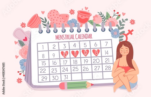 Woman and period calendar. Female check dates of menstruation cycle. Calendar schedule for critical days and hygiene products vector concept. Female calendar menstruation illustration photo
