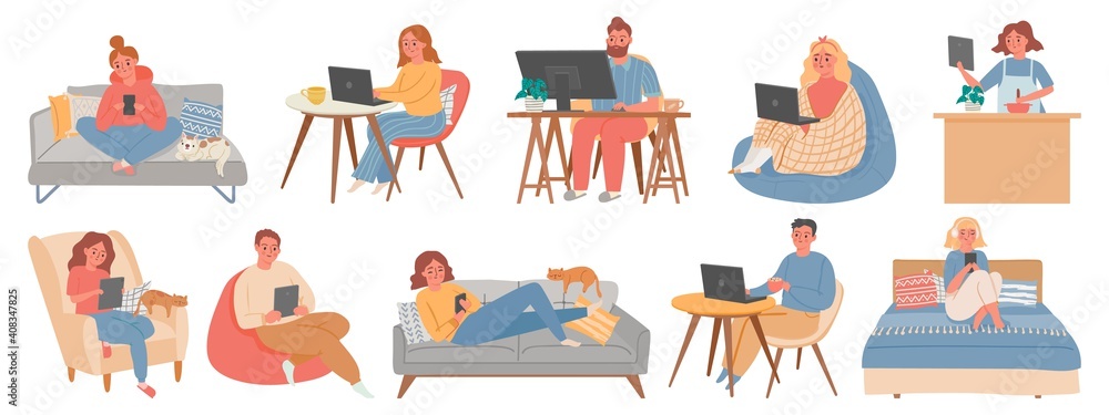 Work from homes. Man and woman freelancers in room interior working in computer or laptop. People in home offices in quarantine vector set. Illustration freelancer sitting at workplace home - obrazy, fototapety, plakaty 