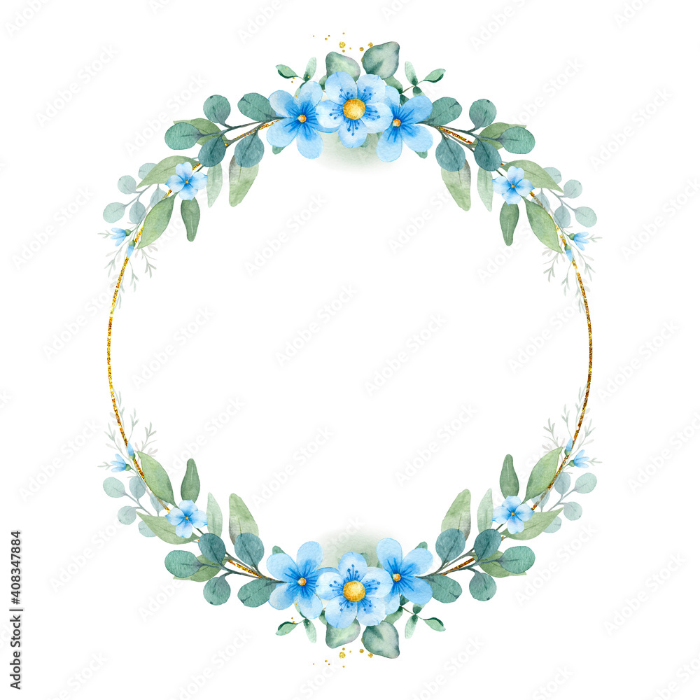 Floral frame with blue flowers.Watercolor hand painted round wreath with flowers,leaves and branches.