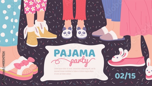 Pajama party poster with women legs in and slippers flat vector illustration. photo