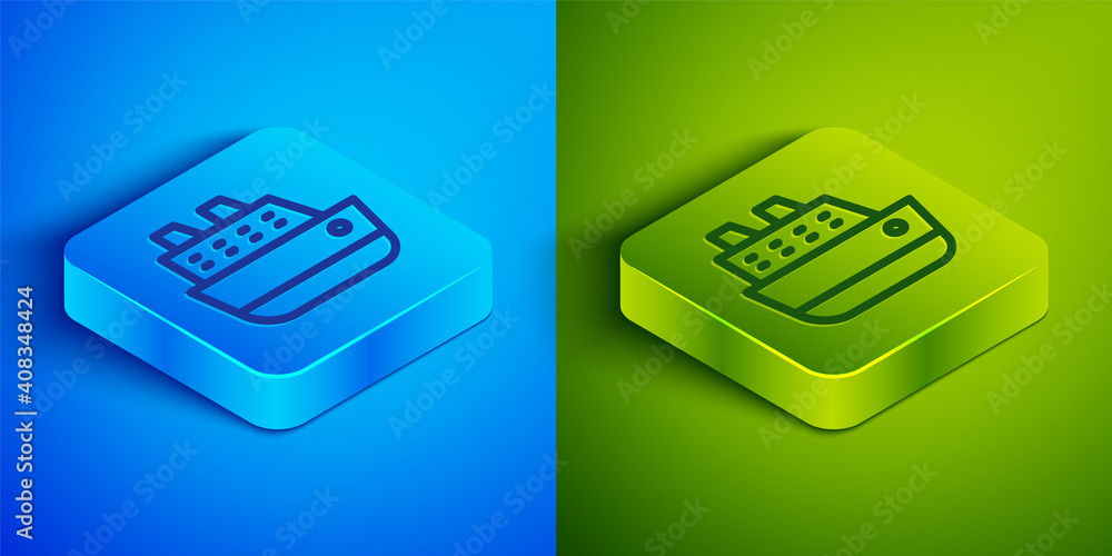 Isometric line Cruise ship icon isolated on blue and green background. Travel tourism nautical transport. Voyage passenger ship, cruise liner. Worldwide cruise. Square button. Vector. Isometric line Cruise ship icon isolated on blue and green background. Travel tourism nautical transport. Voyage passenger ship, cruise liner. Worldwide cruise. Square button. Vector.