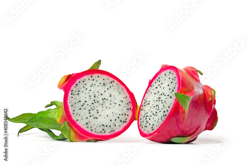 Dragon fruit cut in half isolated on white ground.