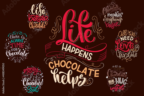 Chocolate hand lettering quotes set. Warm Christmas winter word composition. Vector design elements for t-shirts, posters, cards, stickers and menu