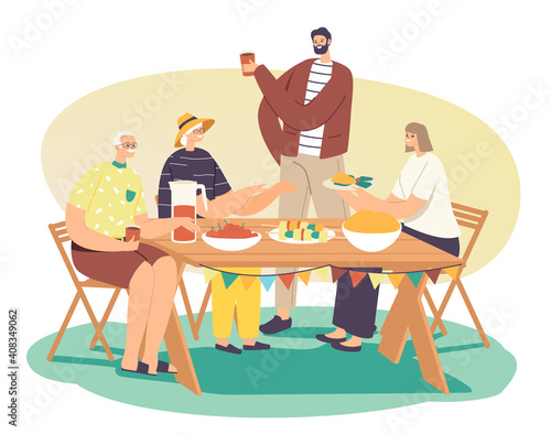 Joyful People Relax, Spend Time at House Yard at Summer Holiday. Family Celebrate Garden Party. Eating and Communicate