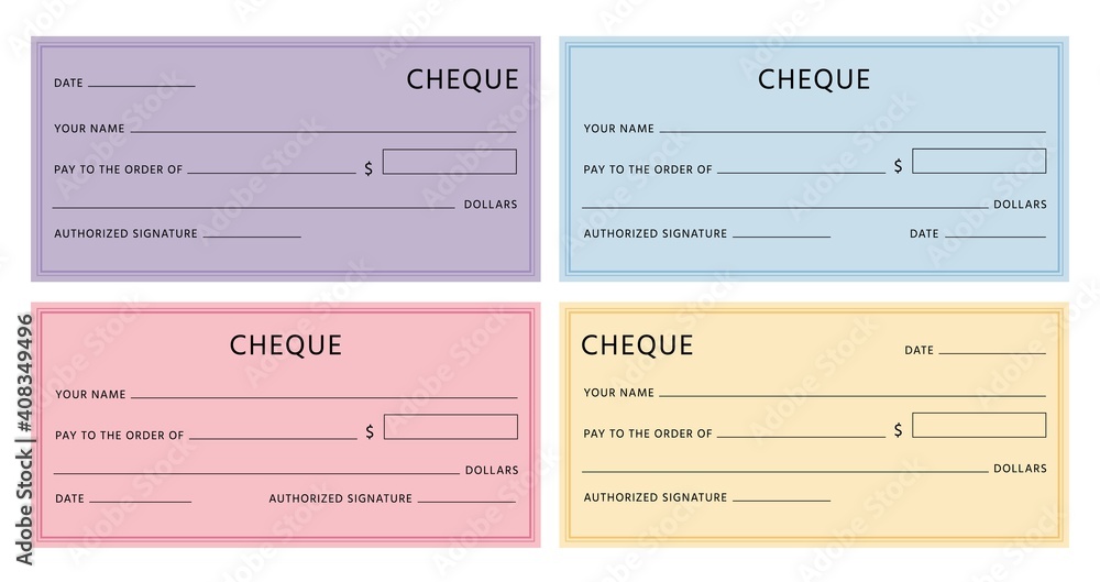 Cheque template. Blank checkbook pages mockups with empty fields. Bank check designs with borders. Colorful fake voucher cheques vector set. Illustration banknote cheque bill blank Cheque template. Blank checkbook pages mockups with empty fields. Bank check designs with borders. Colorful fake voucher cheques vector set. Illustration banknote cheque bill blank