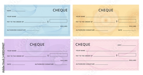 Cheque with guilloche. Bank chequebook template. Blank mockup for banknote voucher with spirograph watermark and abstract pattern vector set. Illustration cheque banknote with spirograph photo