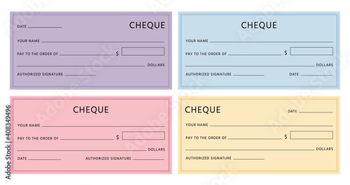 Cheque template. Blank checkbook pages mockups with empty fields. Bank check designs with borders. Colorful fake voucher cheques vector set. Illustration banknote cheque bill blank
