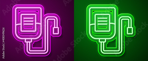 Glowing neon line IV bag icon isolated on purple and green background. Blood bag. Donate blood concept. The concept of treatment and therapy, chemotherapy. Vector.