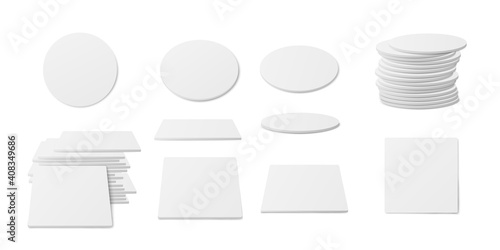 Set of white beer cup coasters a vector 3d realistic illustrations.