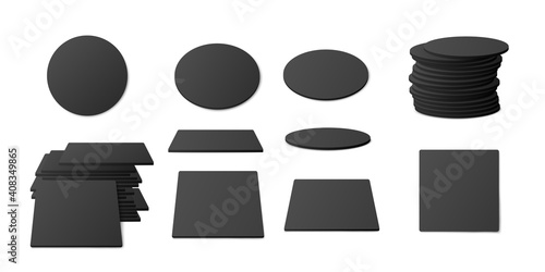 Set of beer cup coasters single and piled realistic vector illustration isolated.
