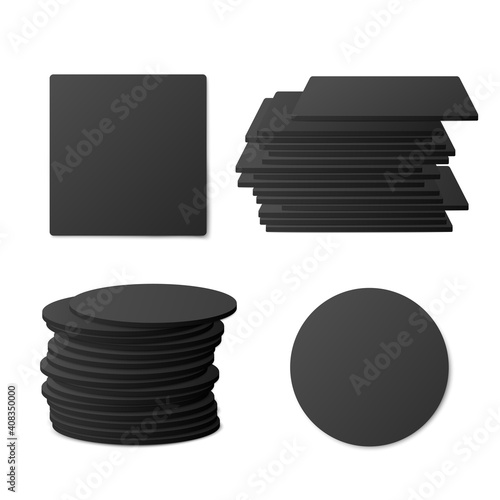 Set of round and square black beer cup coasters a vector realistic illustration.