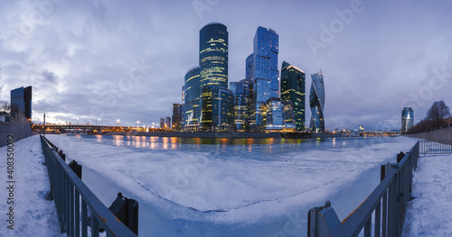 Photography Sunset panoramic view of skyscrapers buildings of business complex Moscow City, Moscow, Russia