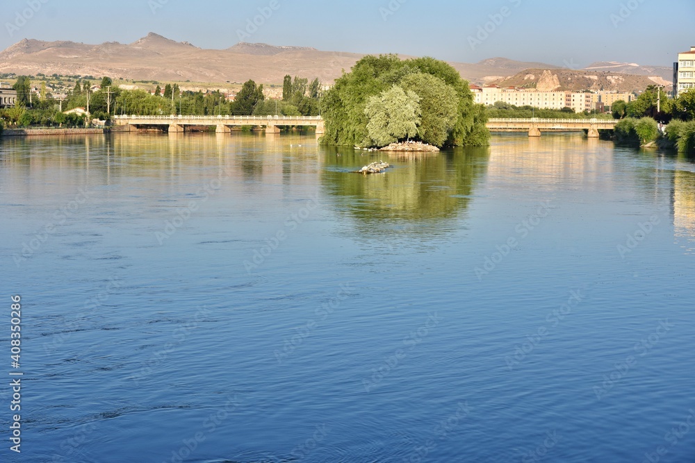 Beautiful view on Kizilirmak River in Avanos Town, Turkey. View of the riverbanks in Avanos, central Anatolia