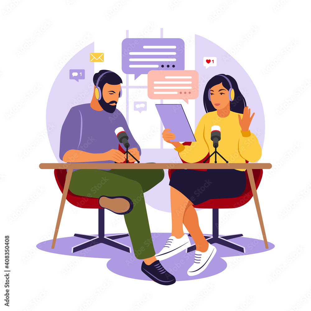 People recording podcast in studio flat vector illustration. Podcaster talking to microphone recording podcast in studio. Radio host with table flat vector illustration. People recording podcast in studio flat vector illustration. Podcaster talking to microphone recording podcast in studio. Radio host with table flat vector illustration.