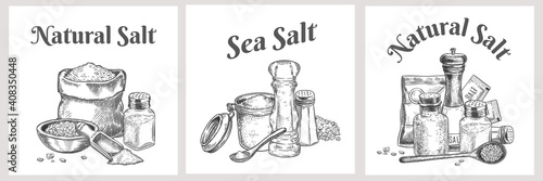 Sea salt labels. Natural and organic salting crystals for bath. Cooking poster with seasoning. Vintage spice or salt packaging vector design. Illustration cooking natural salt, salting banner