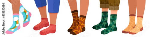 Legs in socks. Women and men leg in trendy sock pairs with pattern and texture. Flat cartoon female feets in stylish warm socks vector set. Illustration man women leg in socks fashionable