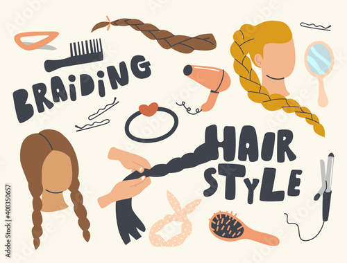 Set of Icons Braiding Hair Style Theme. Curly Iron, Comb, Hairpin or Female Head, Round Mirror, Fan or Hair Braids