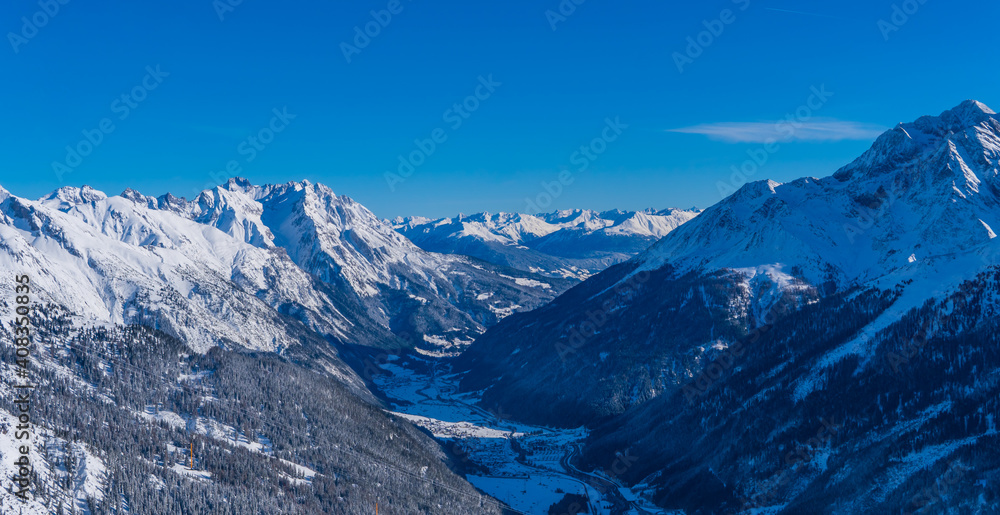The valley of St. Anton am Arlberg in the Arlberg region in the Austrian Alps