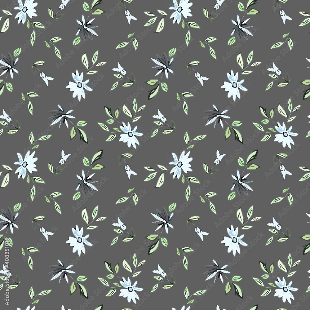 Drawing depicting blue flowers with leaves on a gray background. Drawing depicting blue flowers with leaves on a gray background.